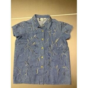 Together! Womens Blue Embroidered Denim Shirt Short Sleeve Snap Front Size M